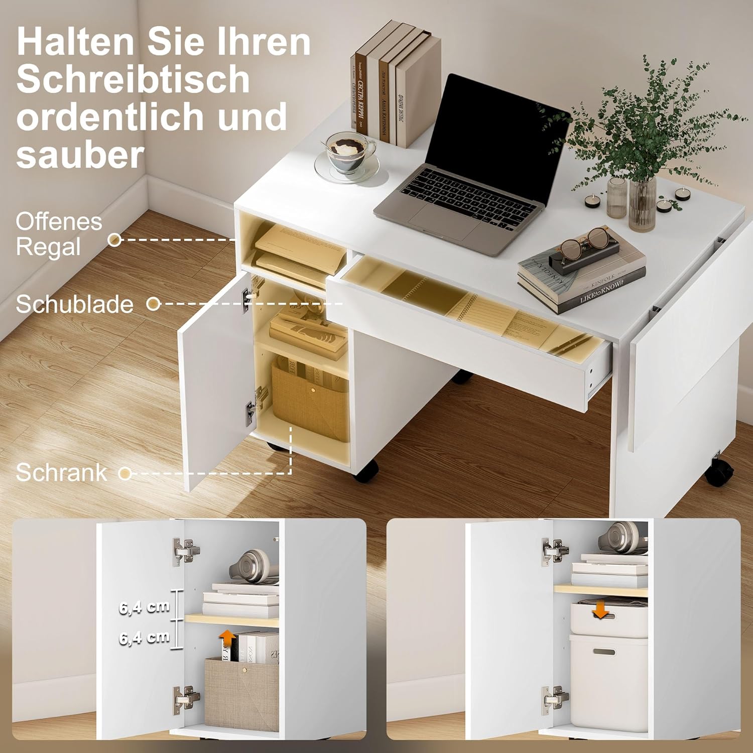 HOMCOM Schreibtisch mit Rollen, Bürotisch mit Schublade, Klappplatte und Schrank 140 x 53 x 75 cm Moderner Computertisch mit offenem Fach, Vertsellbar Regal für Büro, Wohnzimmer Weiß