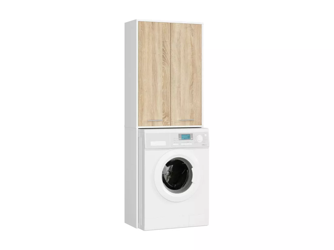 Meuble pour machine à laver FIN Blanche 64 cm 2 portes façade Chêne Sonoma 4 étagères 64x30x180 cm
