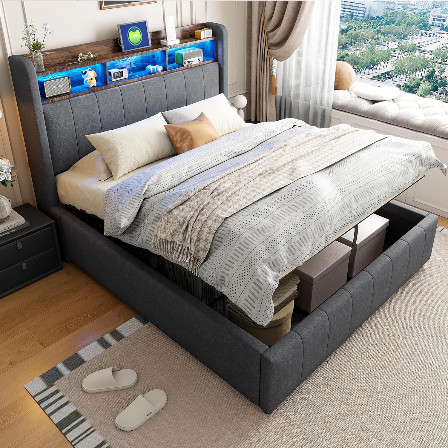 Ball & Cast Polsterbett (140x200cm) mit hydraulischem Stauraum, Doppelbett mit Beleuchtung und USB-Ladefunktion, Einfach & Zeitsparend Montierbar, Grau