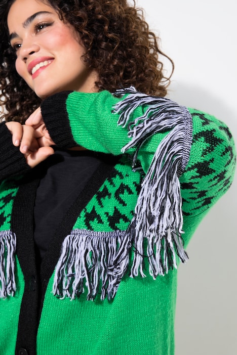 Strickjacke, oversized, Hahnentritt, Fransen, Langarm