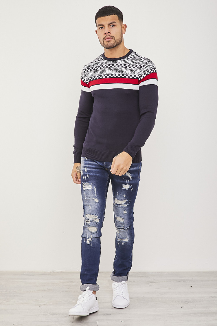 Pull en maille bleu à motifs grecs et bandes