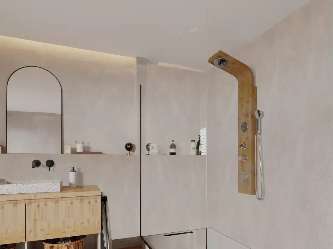 Colonne de douche hydromassante, pluie tropicale et panneau en bambou - 20*140 cm - TISSIA