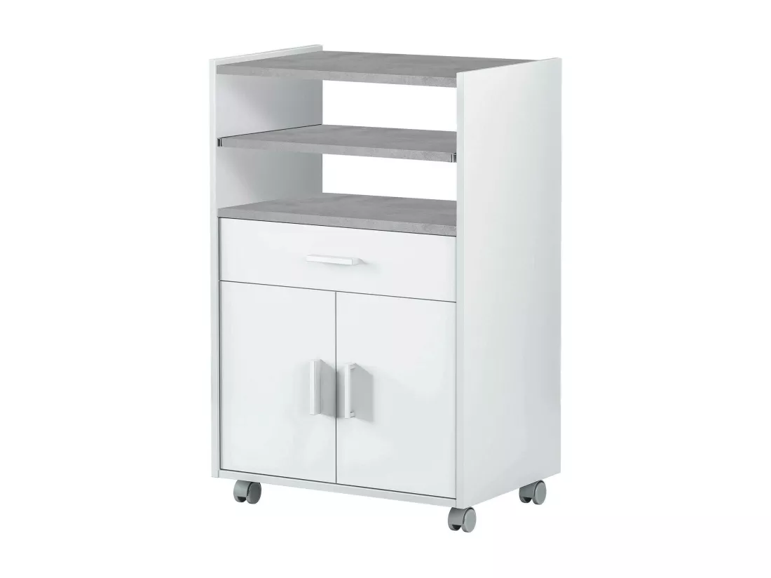 Chariot Dmatte, Armoire de cuisine auxiliaire à roulettes, Armoire polyvalente avec 2 portes et 1 étagère, 59x40h92 cm, Blanc