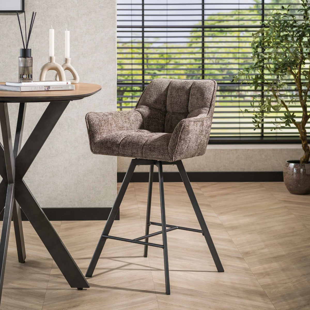 Giga Meubel - Barstoel Draaibaar Taupe - Raster - Set van 2