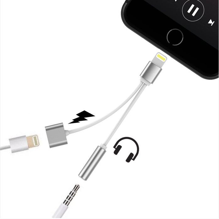 (8cm) 2in1 Lightning auf 3.5mm Klinke   Lightning Audio Musik Kopfhörer Lade Adapter Splitter - Weiss / Silber