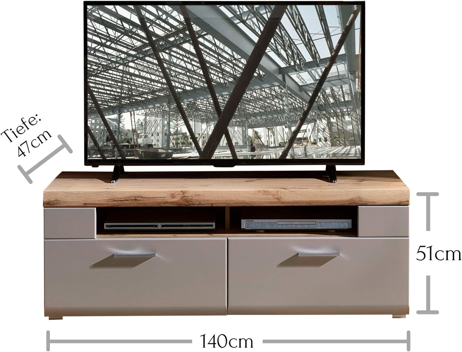Stella Trading PLUS 2 TV-Board in Basalt mit schönem Eiche-Dekor Oberboden - hochwertiges Low-Board für Ihr Wohnzimmer - 140 x 51 x 47 cm (B/H/T)