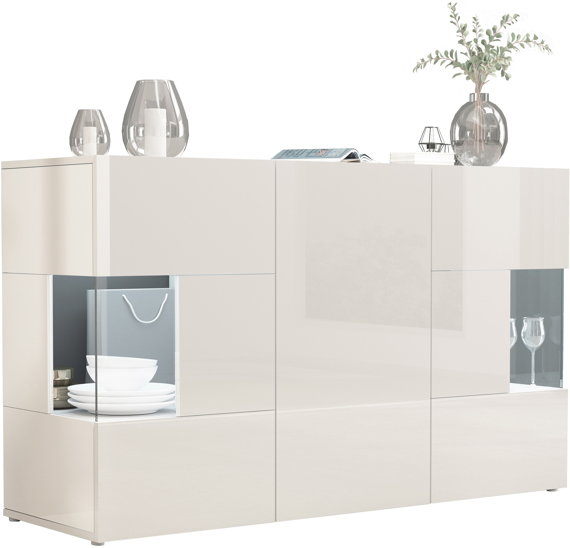 INOSIGN Sideboard »Egypt, Kommode, Schrank, Kredenz, Vitrine grifflos« 3 Türen davon 2 mit Glaseinsatz, kompl. Hochglanz lackiert Breite 135