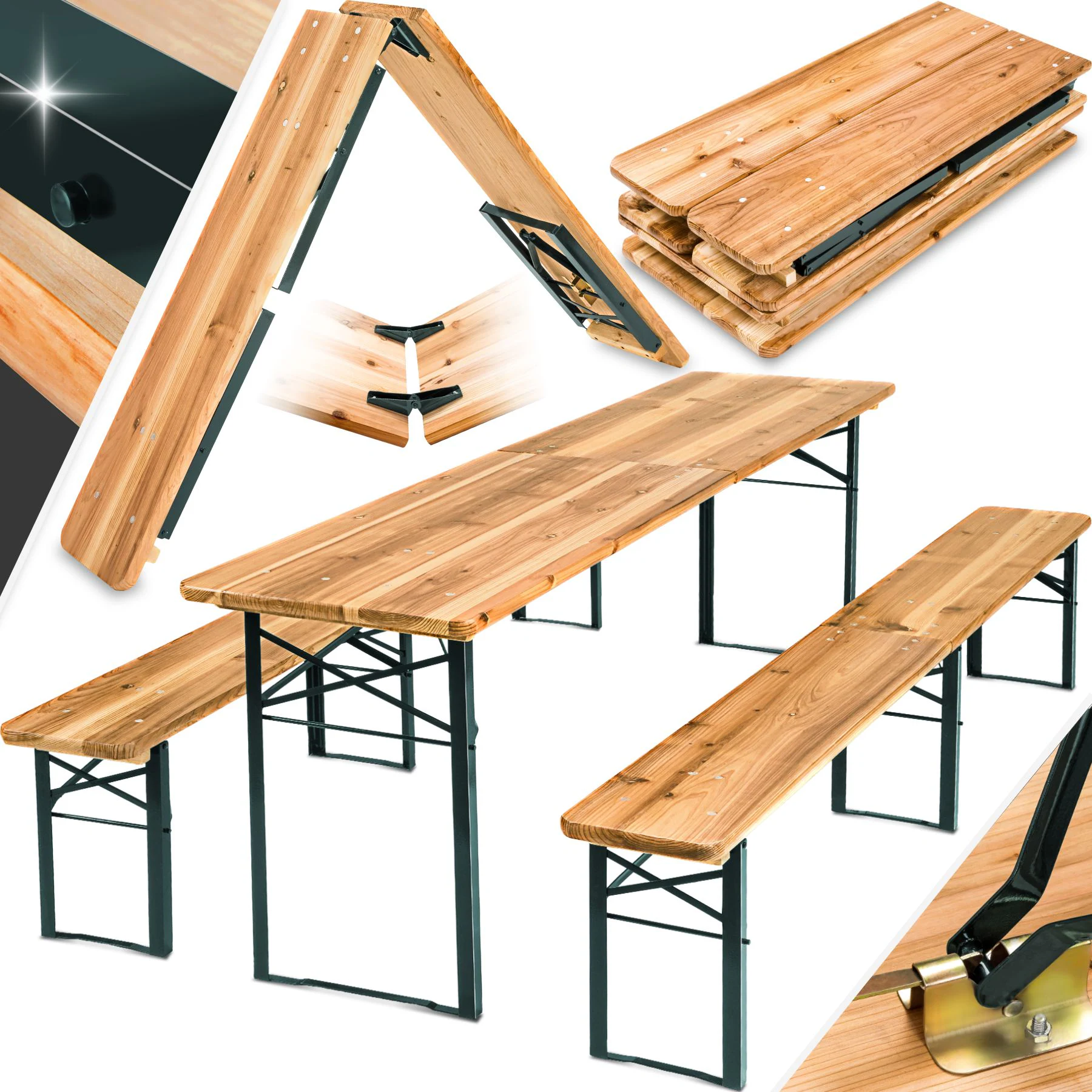 tectake® Bierzeltgarnitur, 3-teilig, belastbar, Holzlackierung mit Klarlack