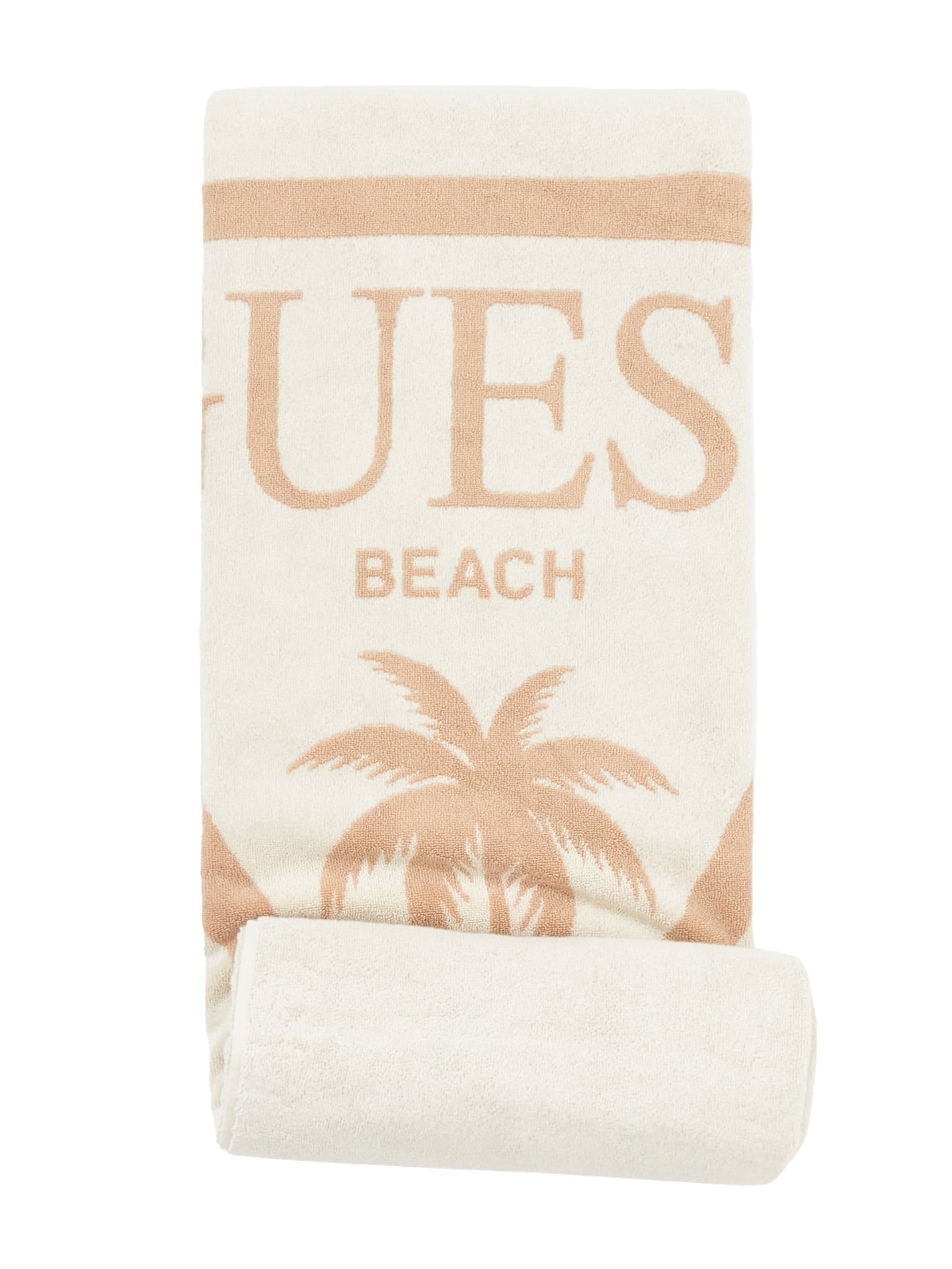 Toalha com estampa de palmeira e logotipo triangular em jacquard