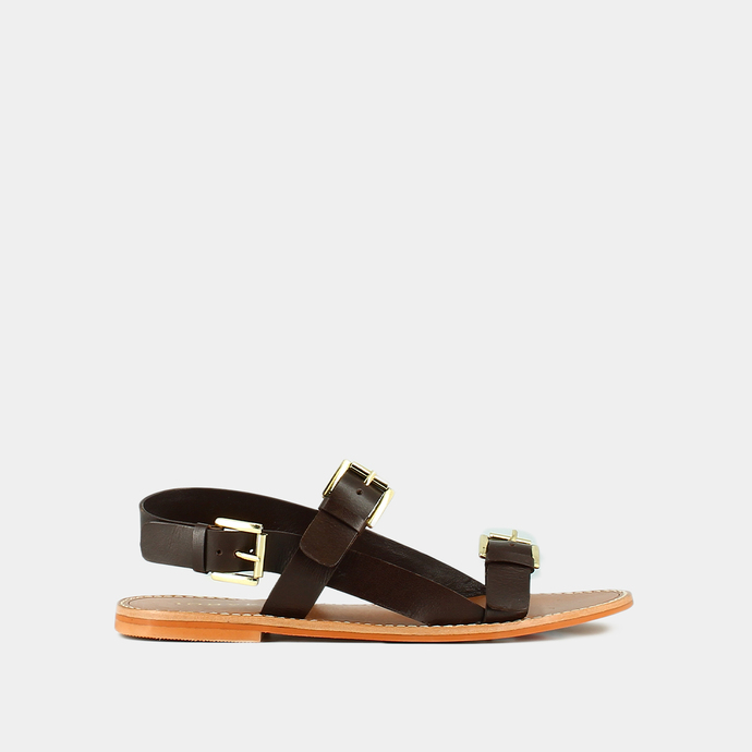 Sandales à boucles dorées  en cuir marron foncé
