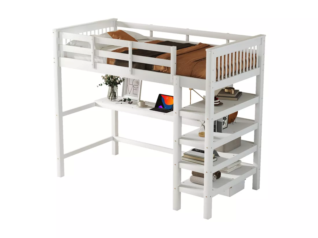 Lit mezzanine 90 x 200 cm avec bureau et étagères de rangement - Bois de pin + MDF - Blanc