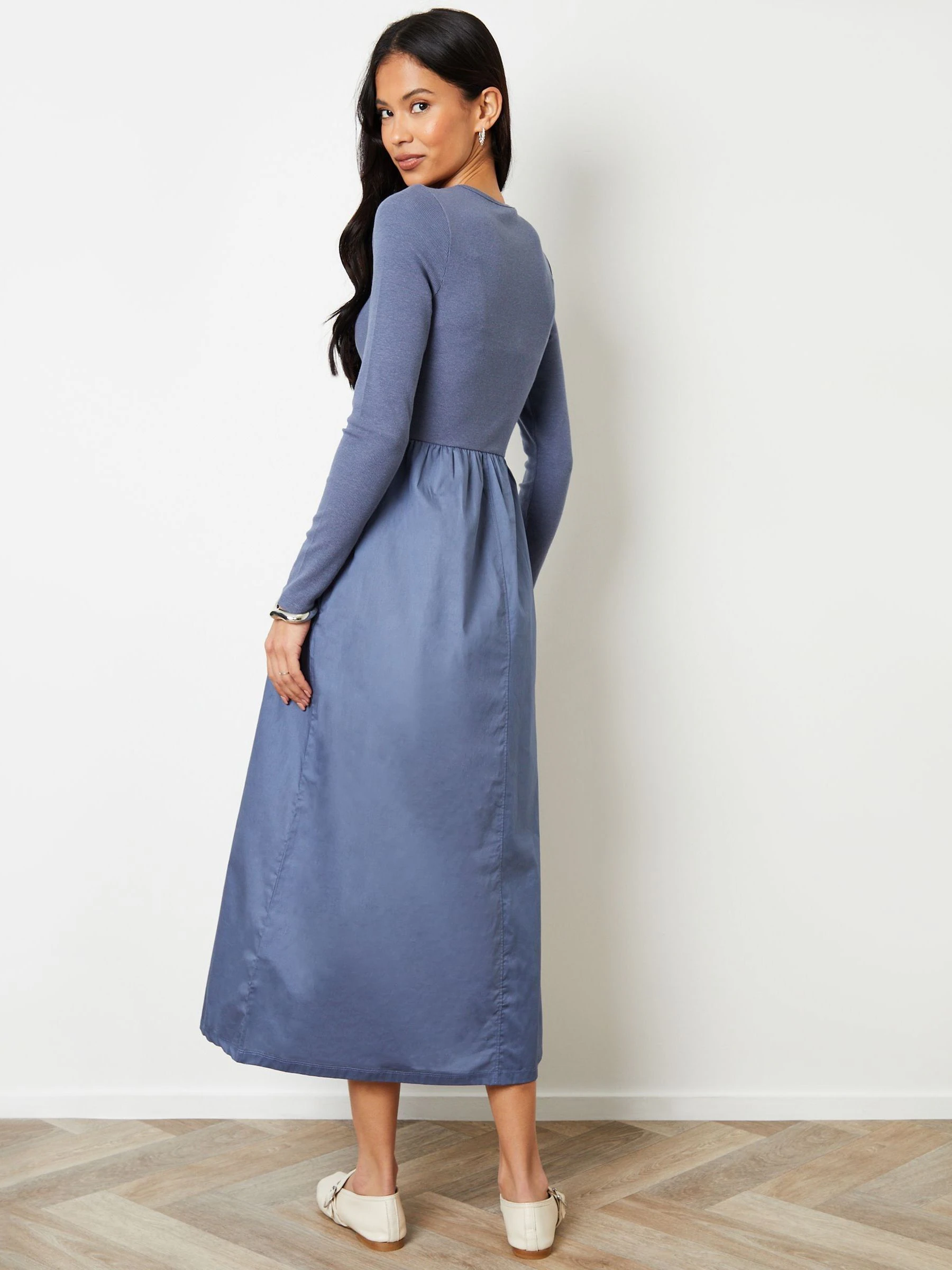 Marineblauw - Threadbare geribbelde jersey 2-in-1 midi-jurk met poplin rok