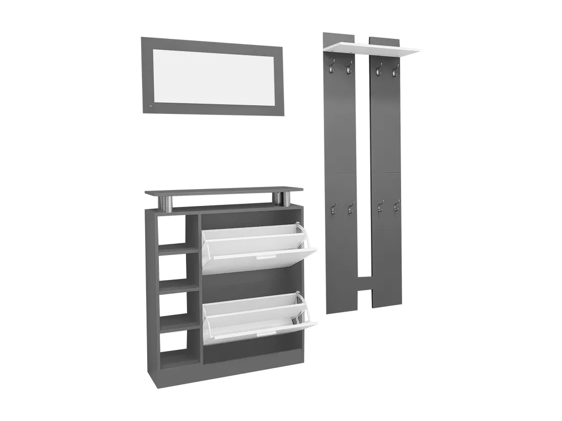 Ensemble Meuble d'entrée - 1 miroir + 2 panneaux muraux + 1 meuble à chaussures - Gris
