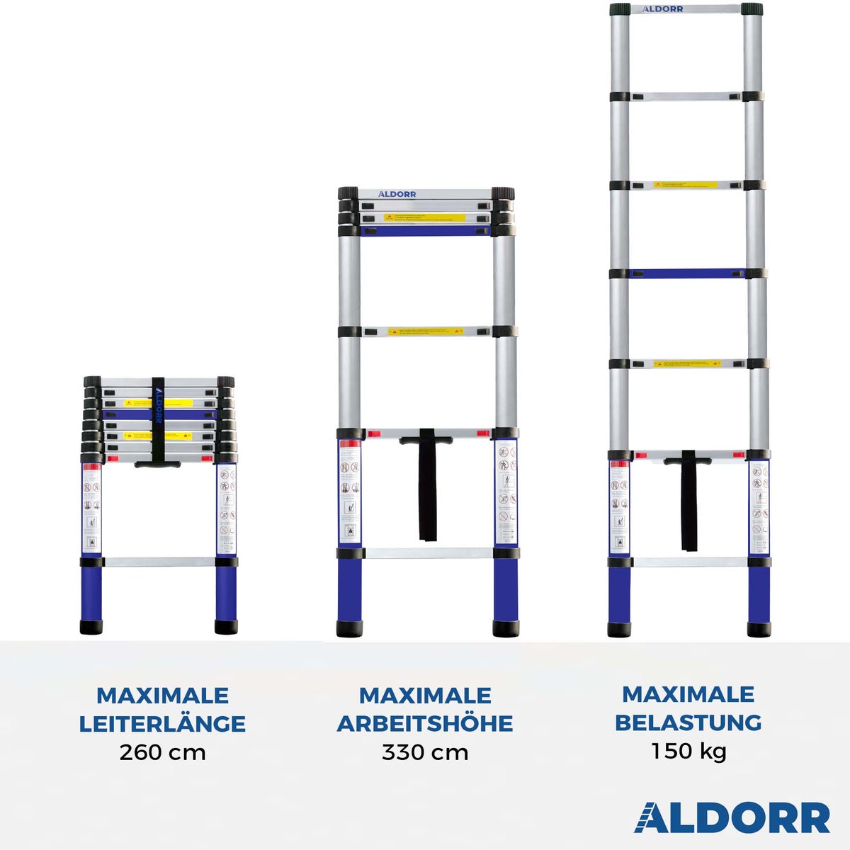 ALDORR Home - Telescopische ladder van 2,60 m - Multifunctionele ladder - Draagvermogen tot 150 kg - Soft-Close-systeem