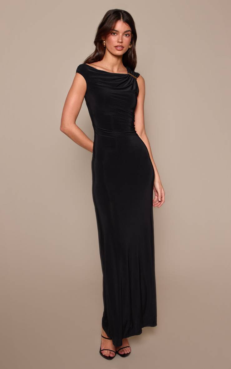 Noir Robe Maxi Moulante Chocolat À Une Épaule Avec Détails De Bordure Dorée
