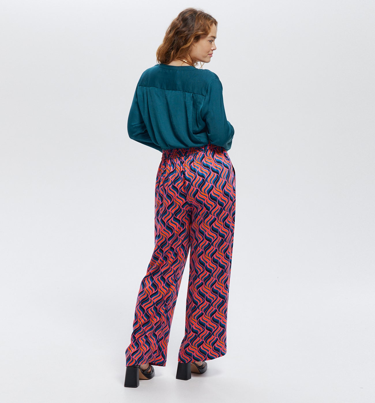 Pantalon large taille haute - Imprimé rose