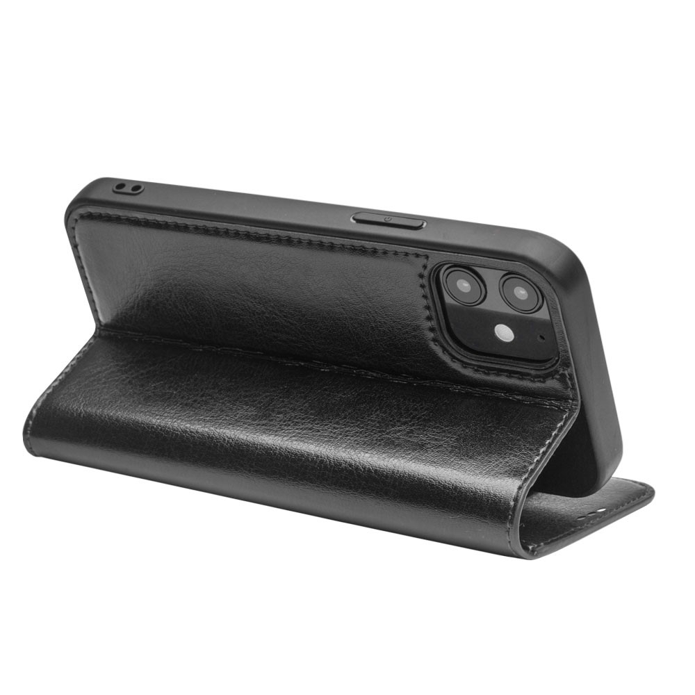 iPhone 12 / iPhone 12 Pro Echtleder Tasche Flip Cover mit Kartenfächer - Schwarz
