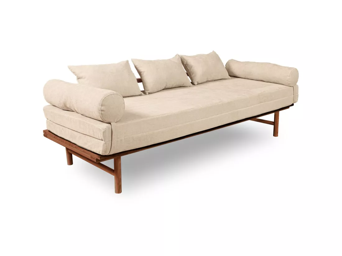 Canapé Lit Convertible Design en Tissu Beige et Bois Crème