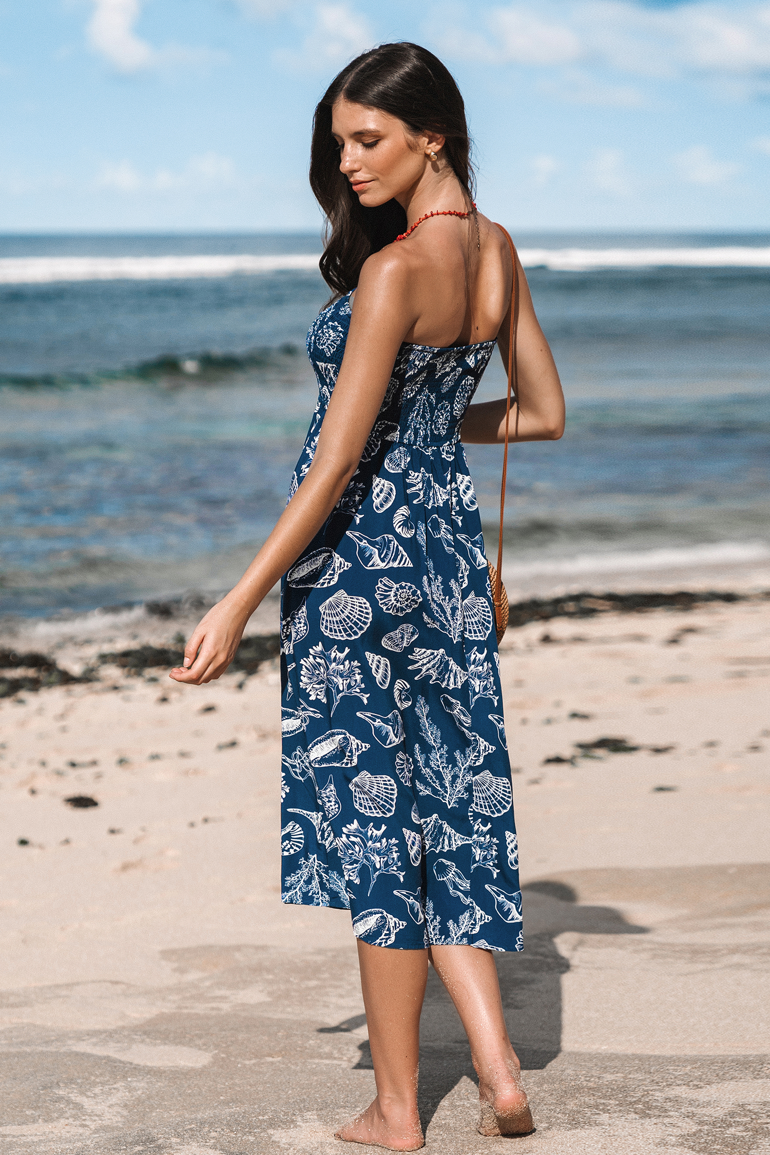 Robe tube midi avec corsage à smocks bleu