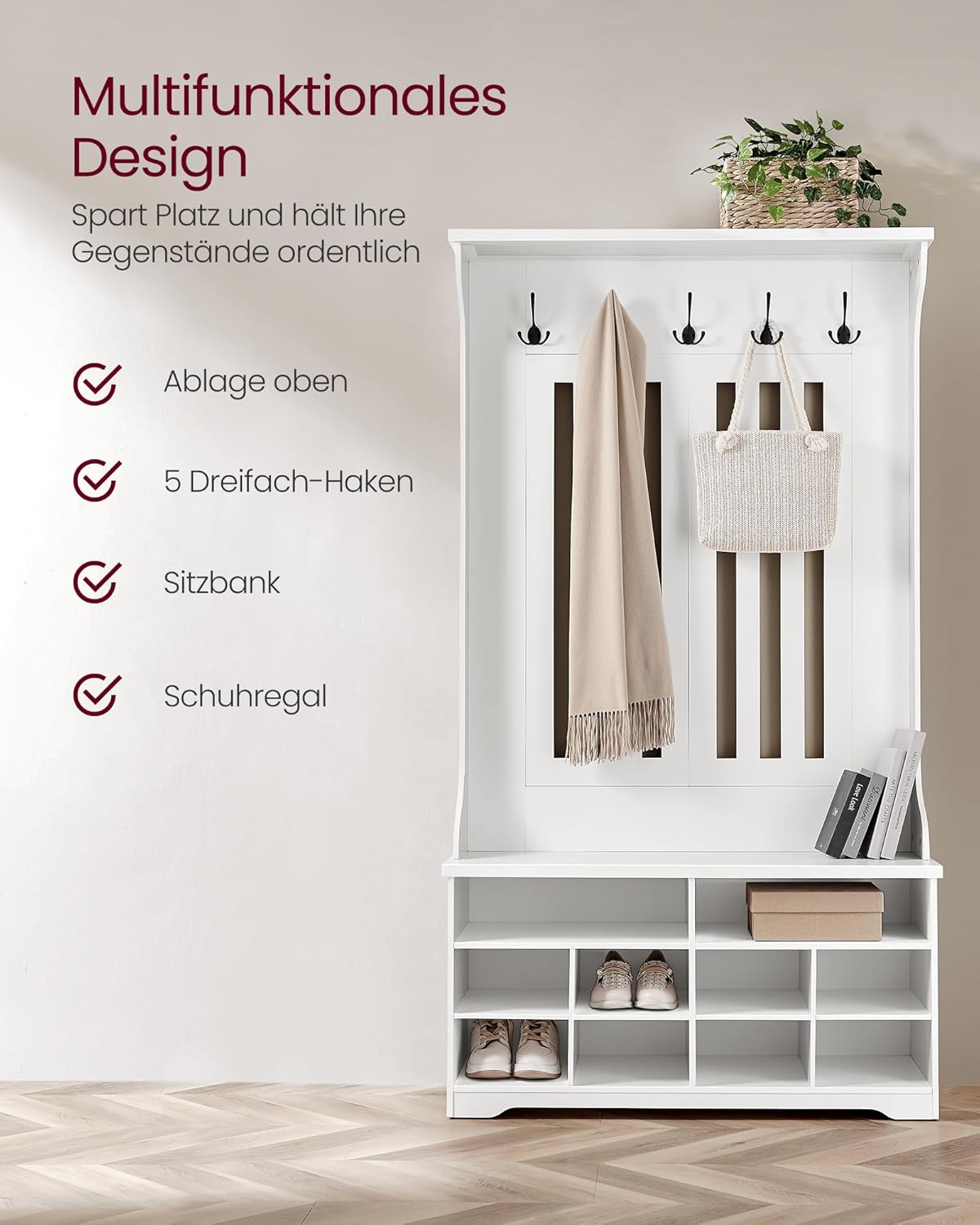VASAGLE Garderobenständer mit Schuhbank, Garderobe, Schuhaufbewahrung, 5 Dreifach-Haken, freistehend, platzsparend, für Eingangsbereich, Flur, verstellbare Regalebenen, wolkenweiß HSR404T10