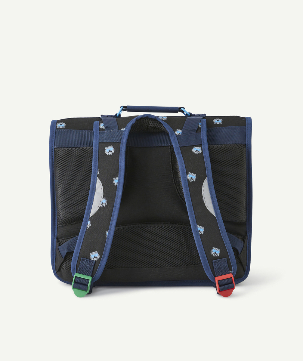 KICKERSCARTABLE BLEU NOIR ET GRIS CHINÉ IMPRIMÉ TIGRES AVEC DOUBLE SOUFFLET