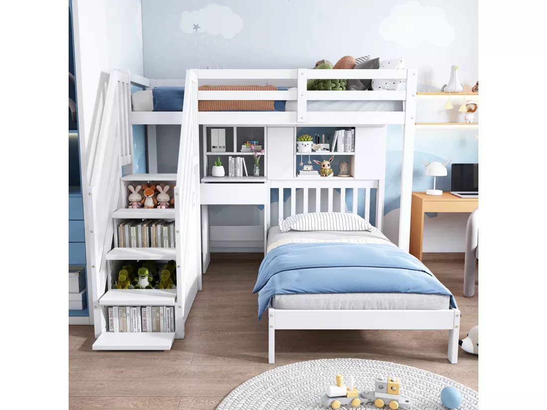 Lit superposé en pin massif - 90x200cm - avec escalier de rangement、bureau、étagères et sommier à lattes - Blanc