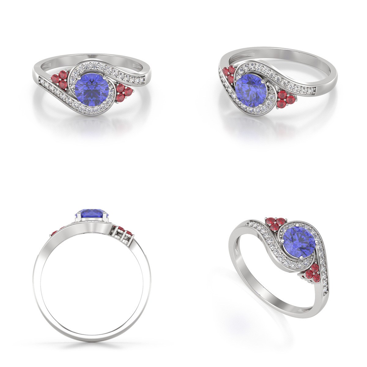Bague Tanzanite Rubis et diamants sur Argent 925 2.702grs