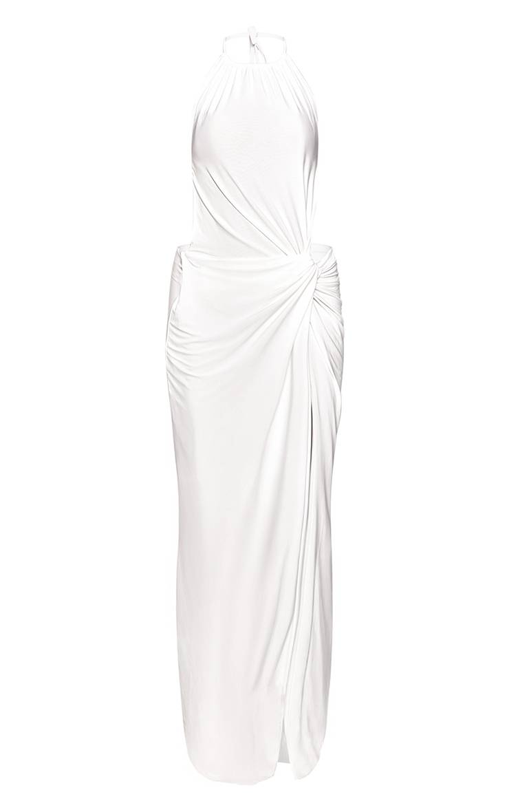 Crème Robe Longue Moulante À Encolure Américaine Et Fente Latérale