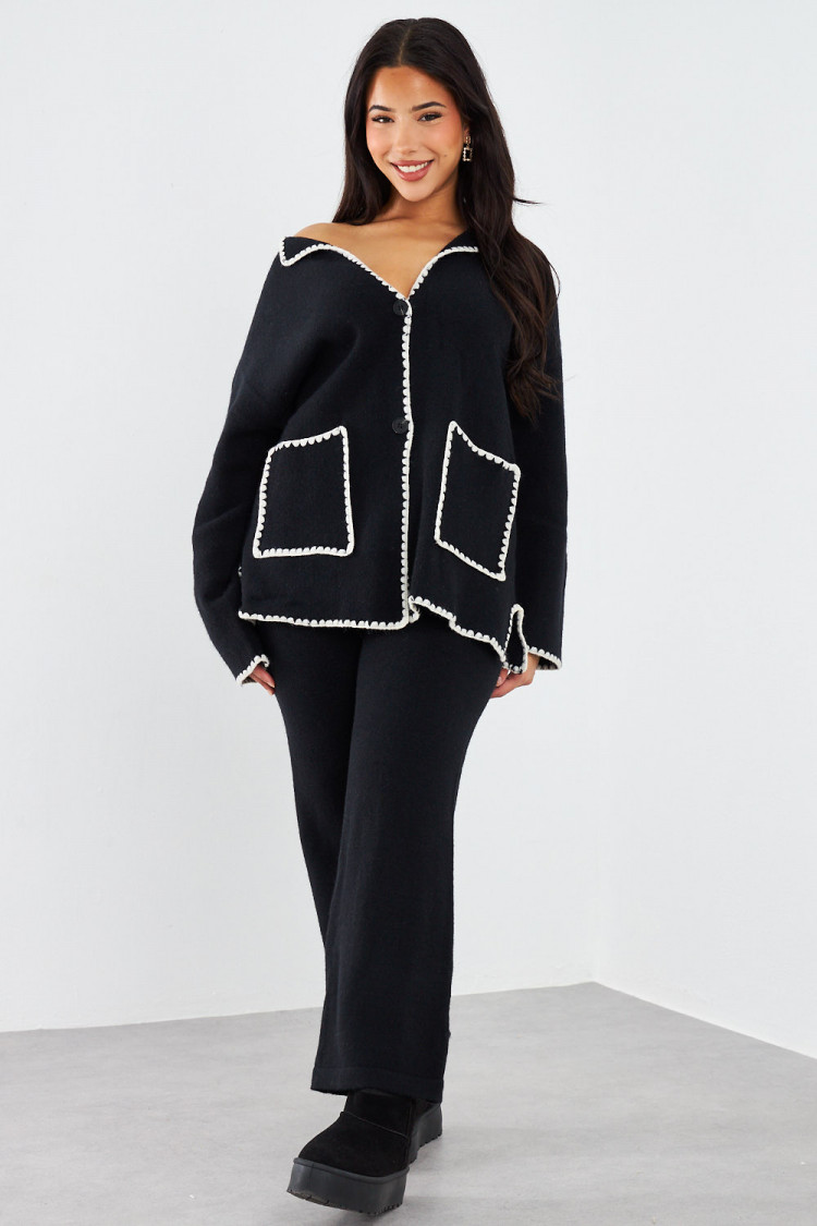 Ensemble 2 pièces qualité supérieur gilet + pantalon noir à coutures blanches
