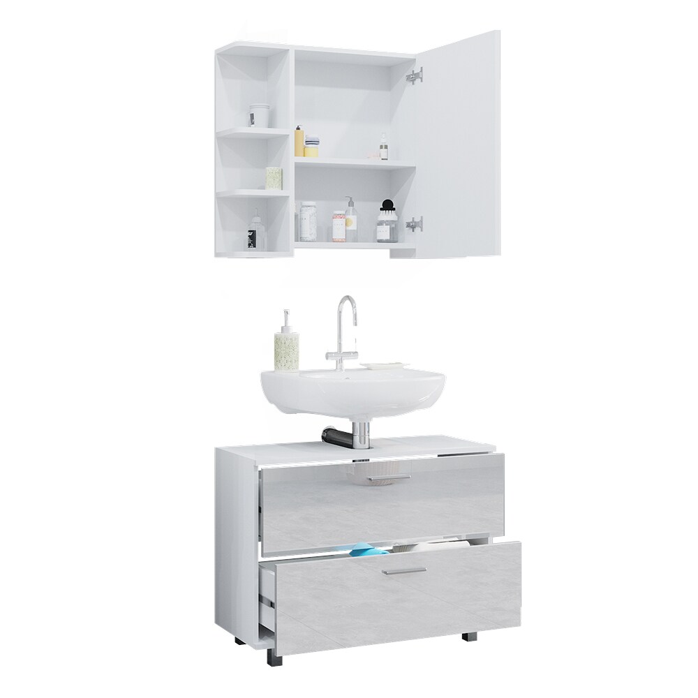 Vicco Badmöbel-Set Ilias Weiß Hochglanz modern Waschtischunterschrank Spiegelschrank
