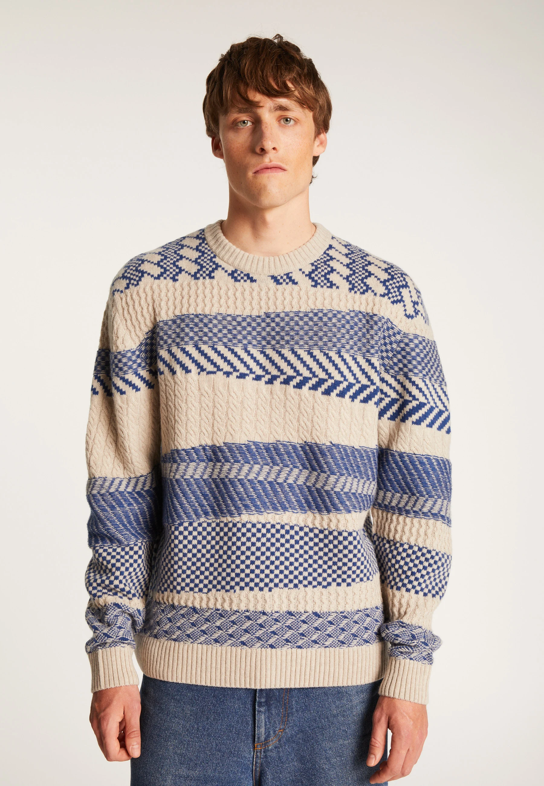 TOLEDO - Pull col rond bicolore en laine mérinos | Bleu