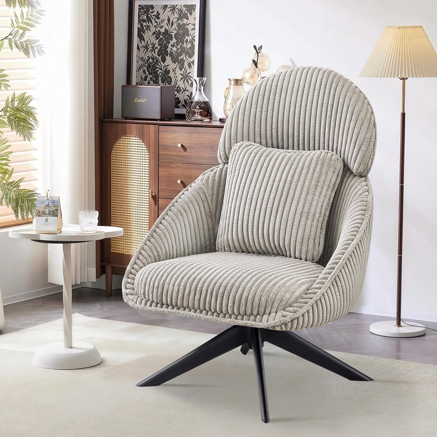 Loungesessel Sessel Wohnzimmer 360°Drehbar, Ohrensessel Armlehnstuhl Polsterstuhl mit dickem Abnehmbares Wurfkissen, Relaxsessel Lesesessel für Wohnzimmer Schlafzimmer Büro, Grau