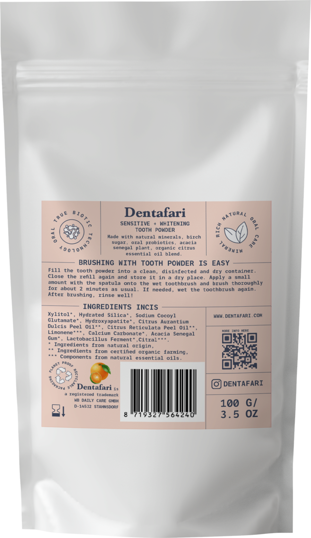 Dentafari  Sensitive & Whitening Tooth Powder Orange & Mandarin, 100 g