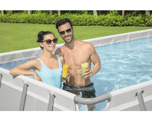 Bovengronds zwembadframe zwembadset Bestway Power Steel™ rechthoekig 640x274x132 cm incl. zandfiltersysteem grijs