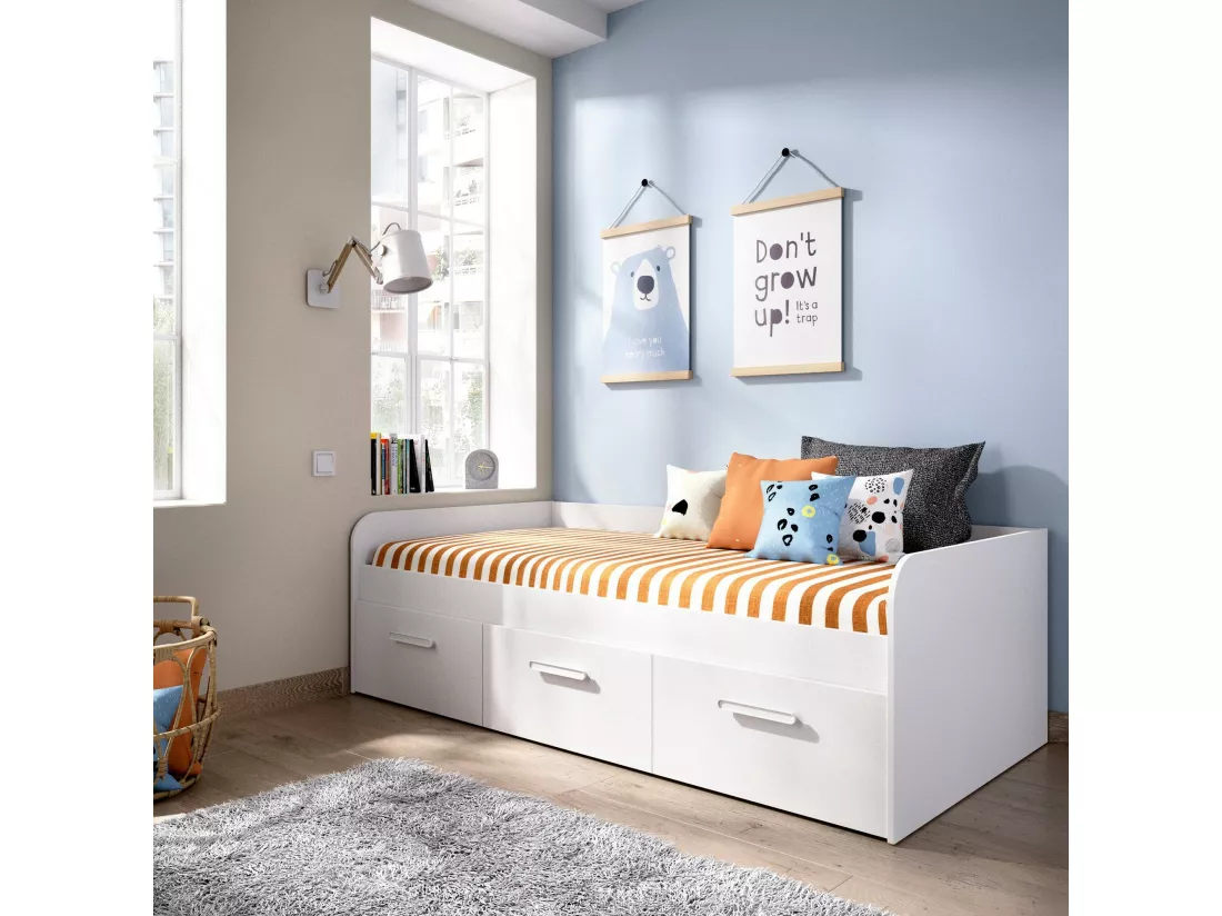 Lit enfant Daabou, Lit coffre pour chambres, Cadre de lit simple avec 3 tiroirs, 194x97h60 cm, Blanc