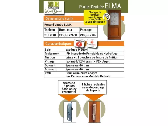 Porte D'Entrée Bois Vitrée, Elsie, Vert Ral7002, H,215Xl,90 P, Droit Cote Tableau