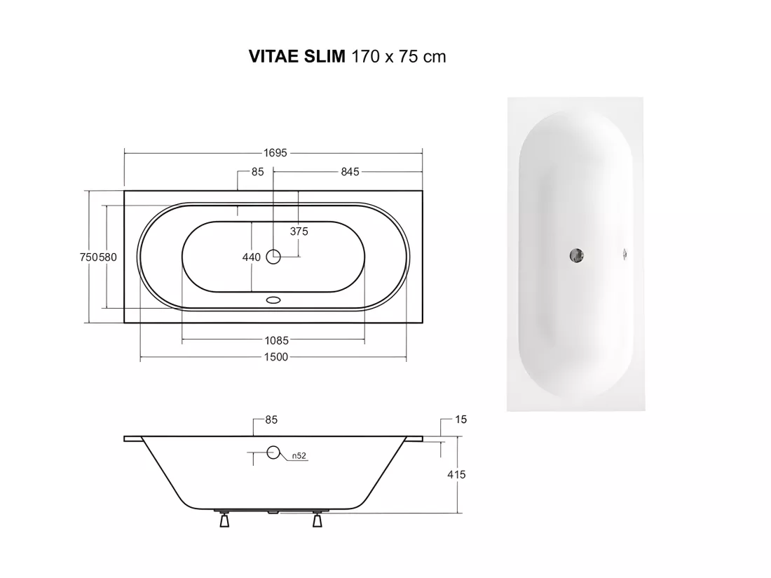 Baignoire rectangulaire blanche à encastrer + repose tête - 170 x 75 cm - VITAE SLIM