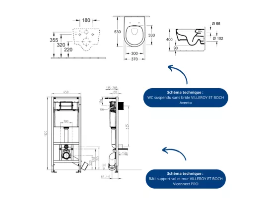 Pack WC suspendu sans bride VILLEROY ET BOCH Avento + Bâti support ViConnect Pro + abattant frein de chute + plaque noir mat