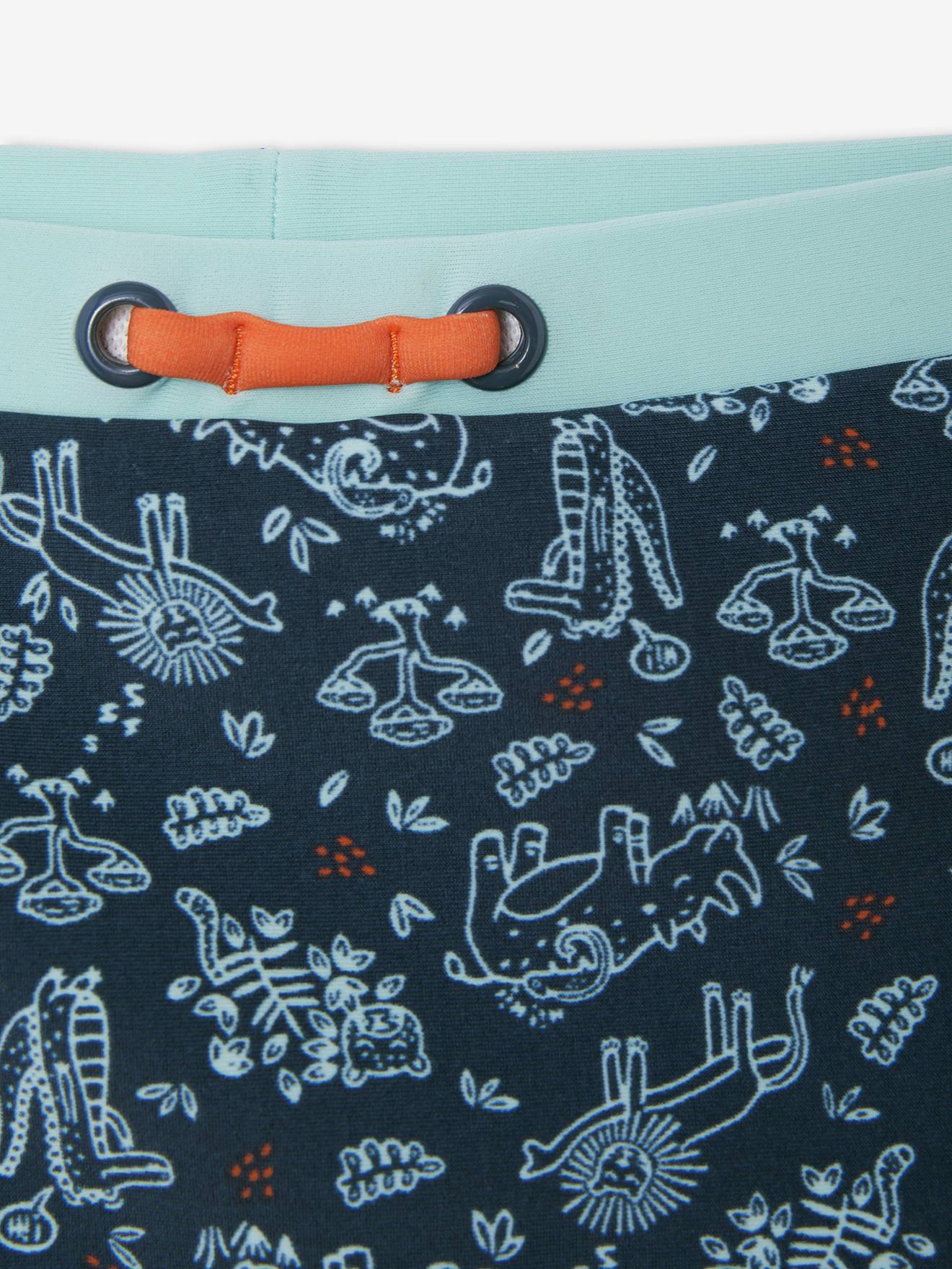 Calção de banho boxer azul escuro com estampa de dinossauro para bebê menino