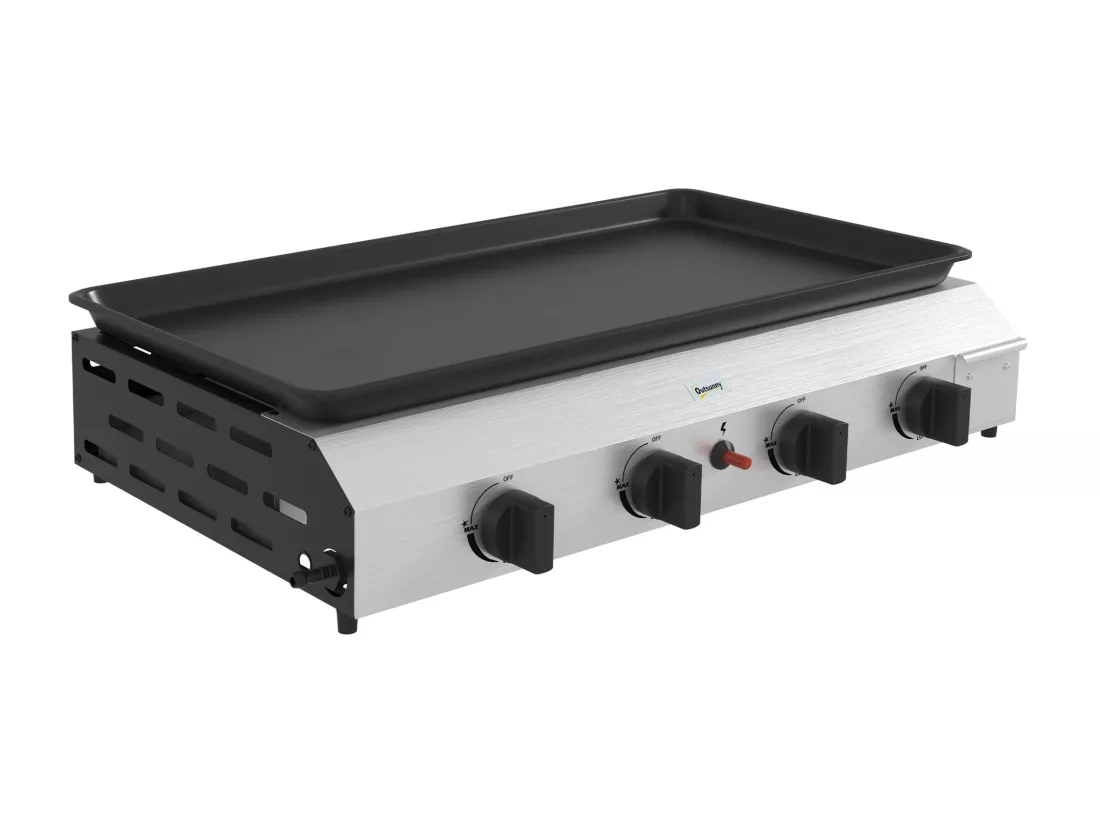 Plancha gaz portable antiadhésive 4 brûleurs 9,6 kW surface cuisson 73L x 34l cm acier inox émaillé