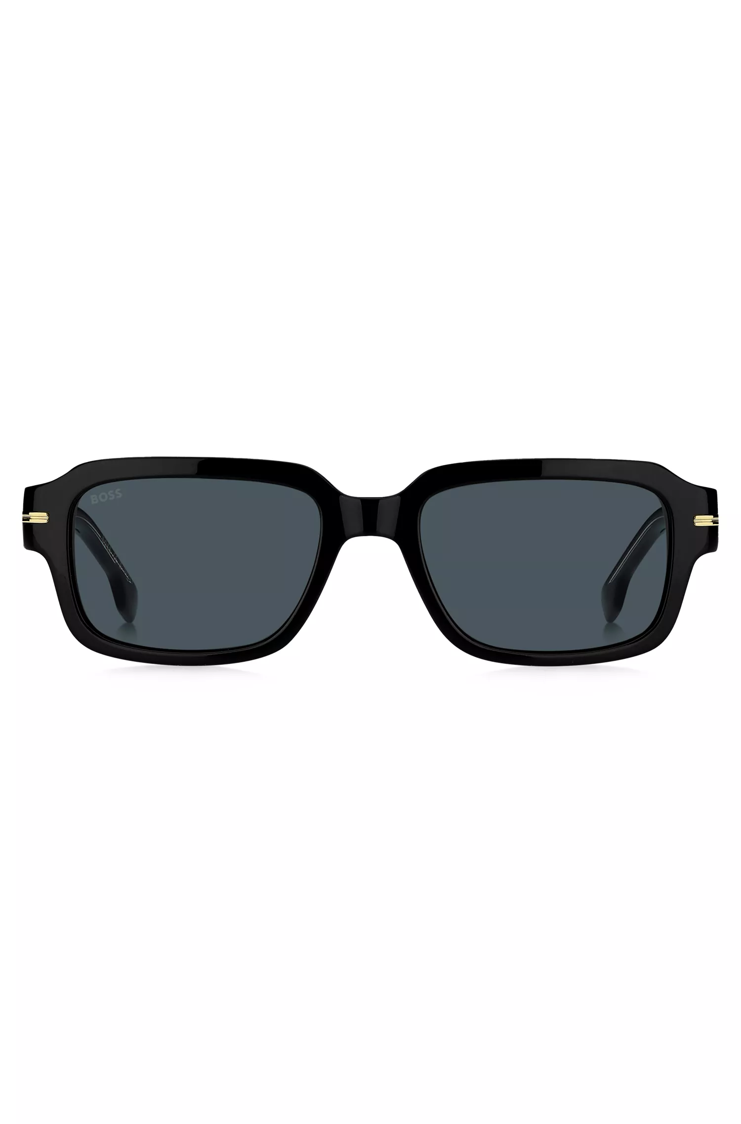 Óculos de sol BOSS em acetato preto com detalhes em dourado.