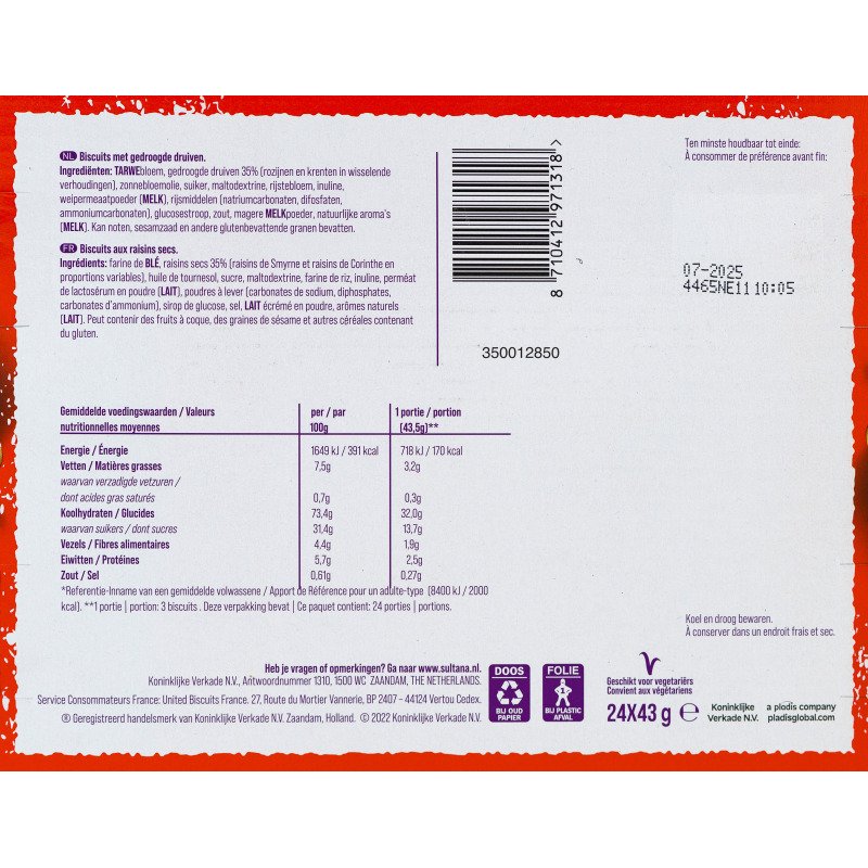 Sultana Fruitbiscuits Naturel x 3 - Étui de 43 g