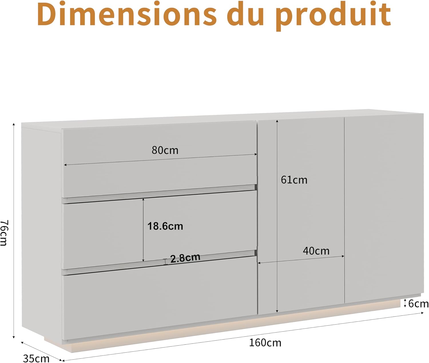 Sideboard für Wohnzimmer, weiß, glänzend, mit LED-Beleuchtung, Küchenmöbel mit 2 Türen und 3 Schubladen, TV-Schrank modern, für Wohnzimmer & Esszimmer & Küche (weiß, 160 x 35 x 76 cm)