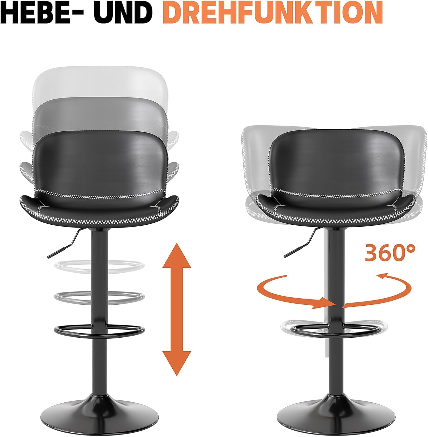 Youhauchair Barhocker 2er Set, Barhocker Höhenverstellbar aus Kunstleder, wasserdicht und verschleißfest, Barhocker mit Lehne, Drehbarer bar Stool, modern, Schwarz