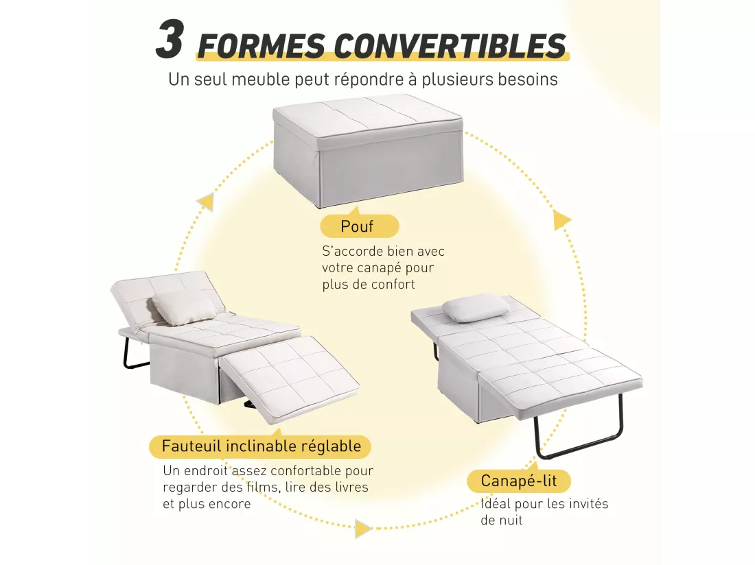 Fauteuil chauffeuse chaise longue pouf 3 en 1 dossier inclinable 5 niveaux repose-pied rabattable châssis métal noir lin crème