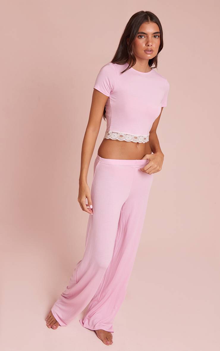 Rose Bébé Ensemble Pyjama Long En Jersey Avec Finitions En Dentelle