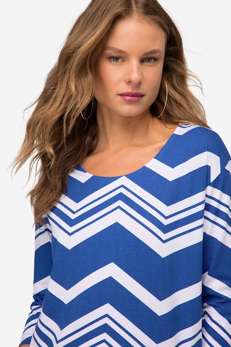 T-Shirt, oversized, Zacken Muster, U-Boot-Ausschnitt, 3/4-Ärmel