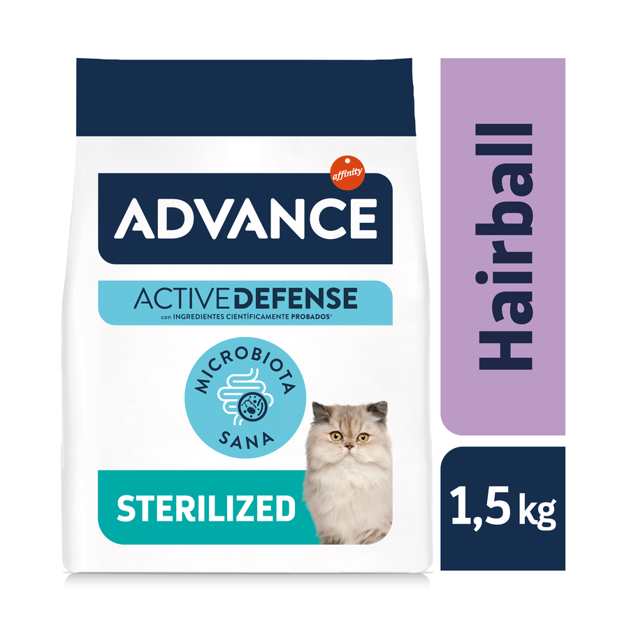 1,5 kg de alimento para gatos Advance, esterilizado e livre de bolas de pelo, com peru e cevada.