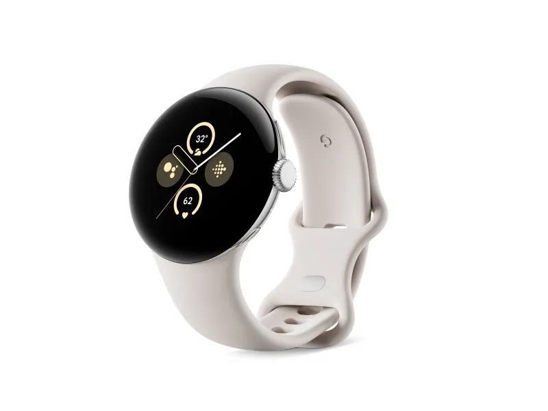 Google Pixel Watch 2 - Poleret sølvaluminium - smart ur med aktivt bånd - fluoroelastomer - porcelæn - båndstørrelse: S/L - 32 GB - Bluetooth, Wi-Fi, NFC - 31 g