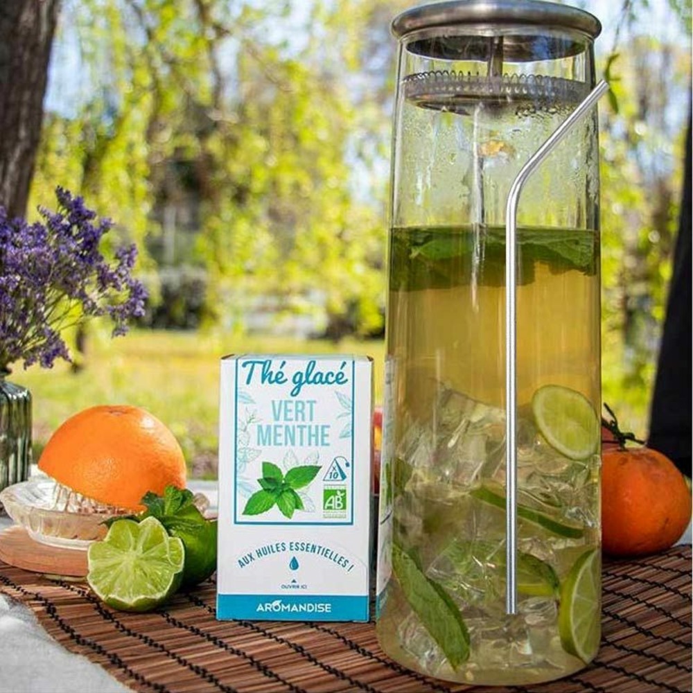 Thé vert glacé à la menthe bio + 4 pailles en inox